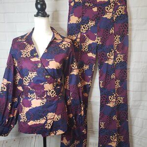 Bold & Beautiful D'iyanu Purple African Print Pant Suit womens M Wrap Blazer